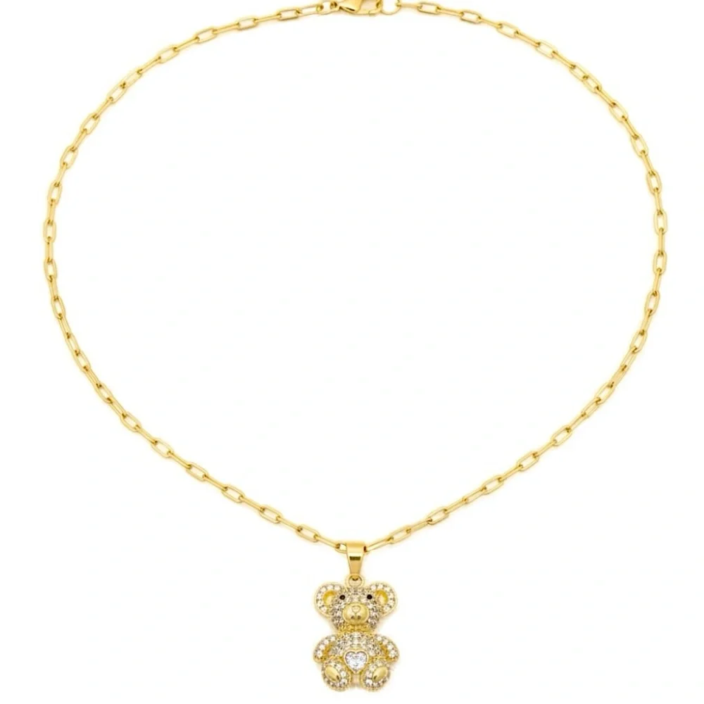 Iced Out Teddy Bear Paperclip Necklace 18K Yellow Gold Filled NWOT